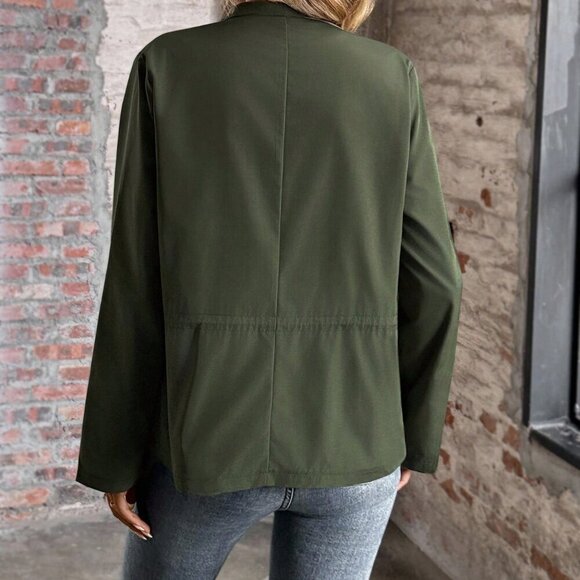 Army Green Casual Women's Drawstring Waist Trench Coat - Picture 3 of 8